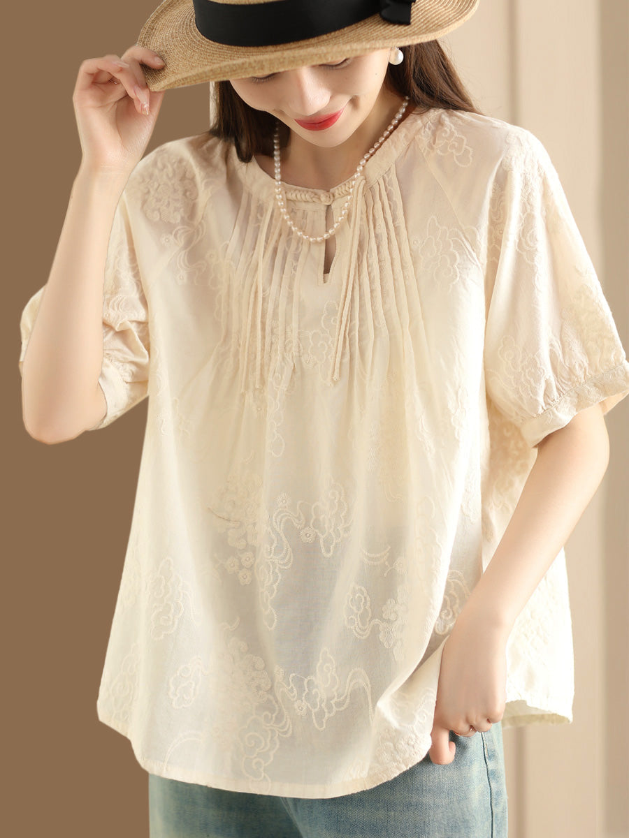 Chemise ample en coton froncé à motif jacquard uni pour femme XX1018