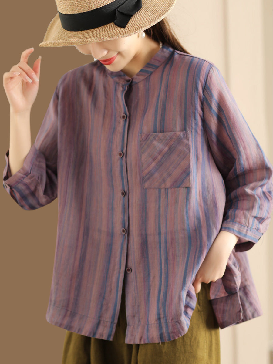Damen Frühling Vintage Streifen Button-Up Bluse CO1007