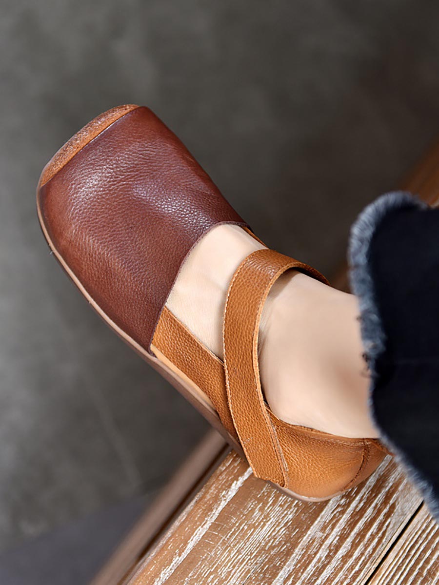 Women Vintage Summer Leather Colorblock Flat Shoes BN1003