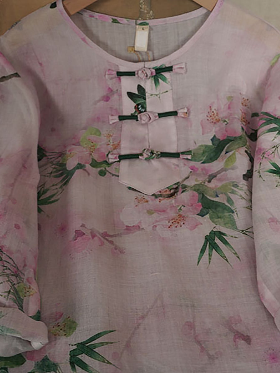 Frauen Sommer Ethnische Blume Ramie Schnalle Hemd PA1015