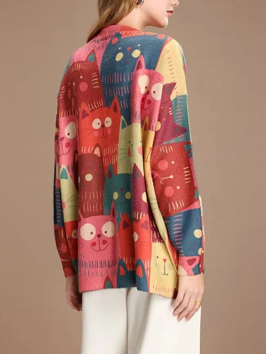 Frauen Frühling süße Katze gestrickte Strickjacke Pullover PA1005