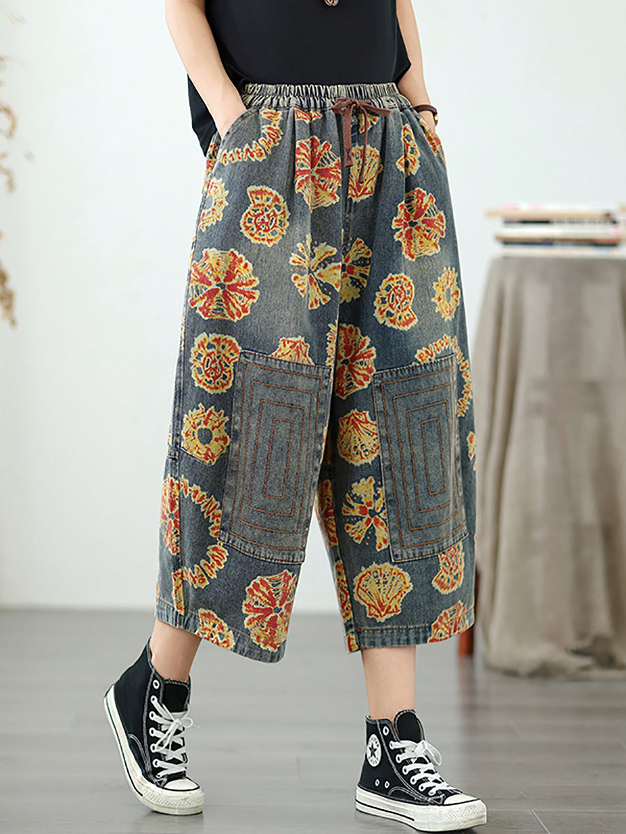 Pantalon droit rétro Capri en denim fleuri pour femme