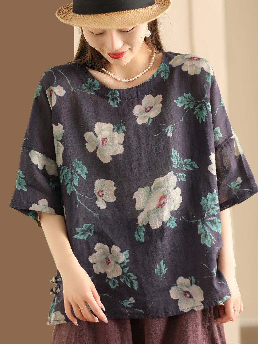 Damen Artsy Floral Sommer Ramie Pullover Shirt KL1016