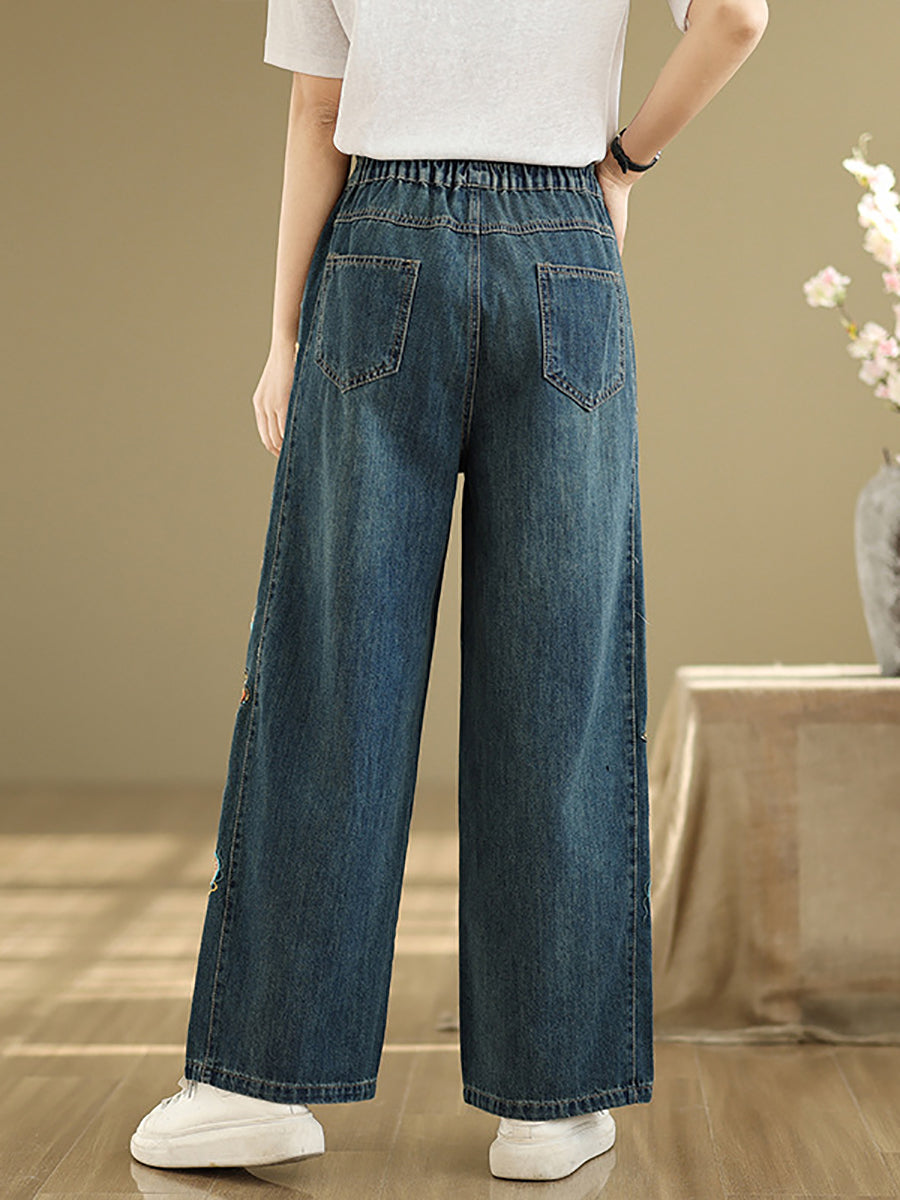 Pantalon brodé pour femme, jambe large, style rétro, en denim
