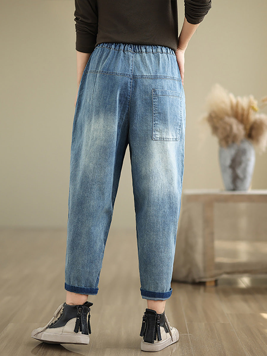 Pantalon sarouel en denim brodé de fleurs artistiques d'automne pour femmes AI1074