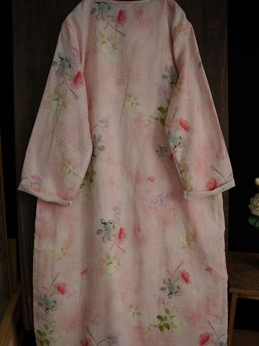 Damen Artsy Floral Sommer Ramie Zweilagiges Kleid PA1014