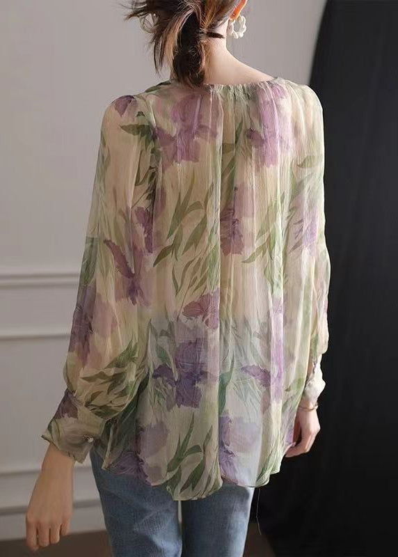 Französische Chiffonbluse mit langem Ärmel und grünem Aufdruck EE009