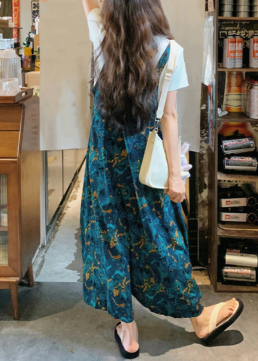 Pantalon ample en coton imprimé, combinaison taille haute, bleu, été