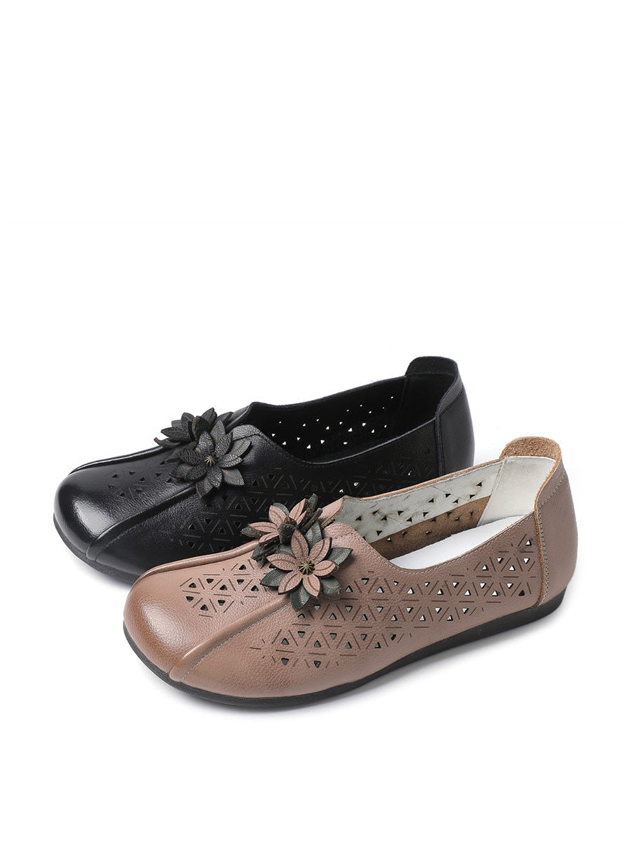 Damen Vintage Leder Flache Schuhe mit Blumen-Ausschnitt PA1026
