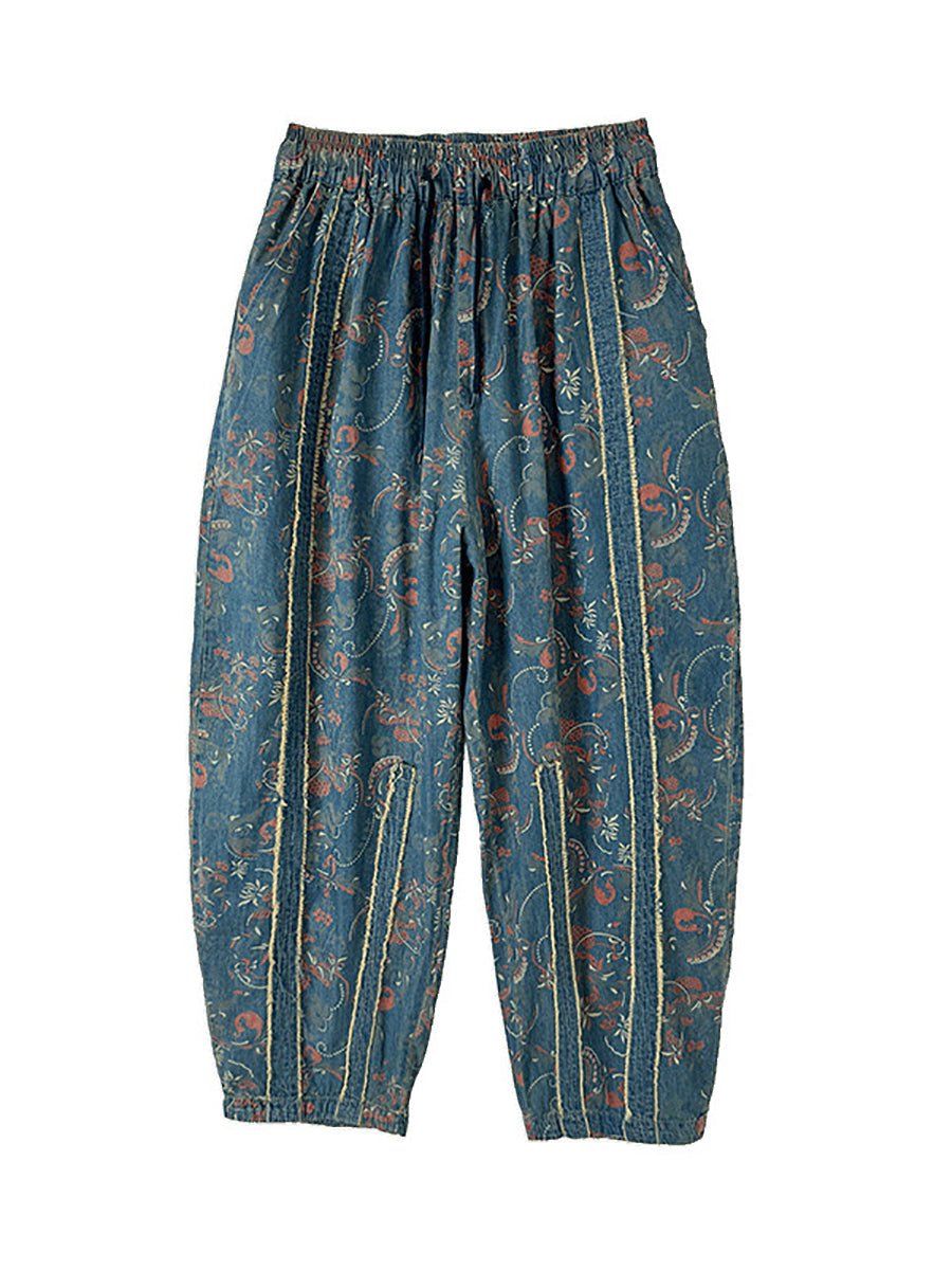 Pantalon en denim patchwork sarouel femme rétro fleuri