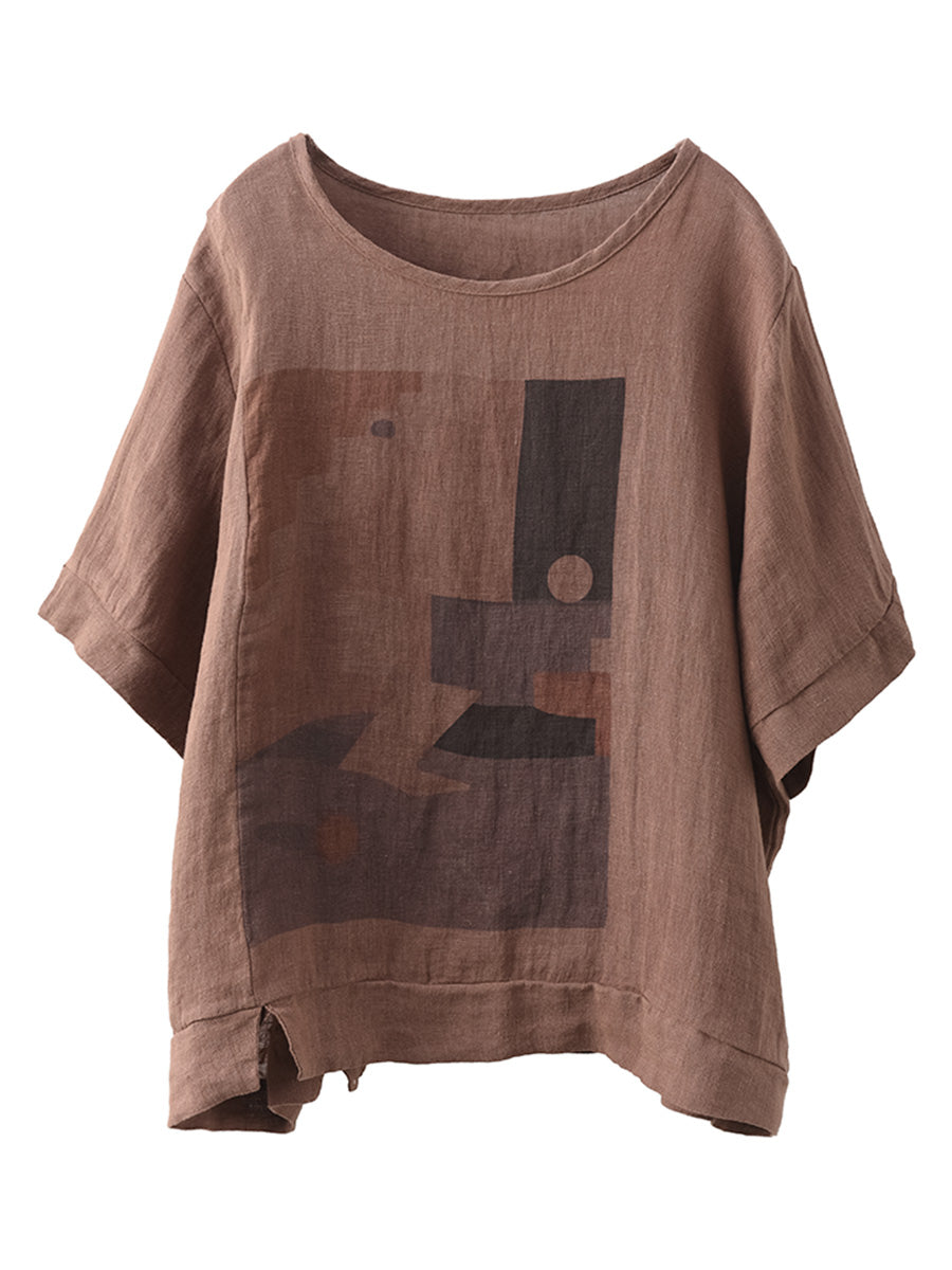 Women Casual Summer Print O-Neck Linen Shirt WE1028