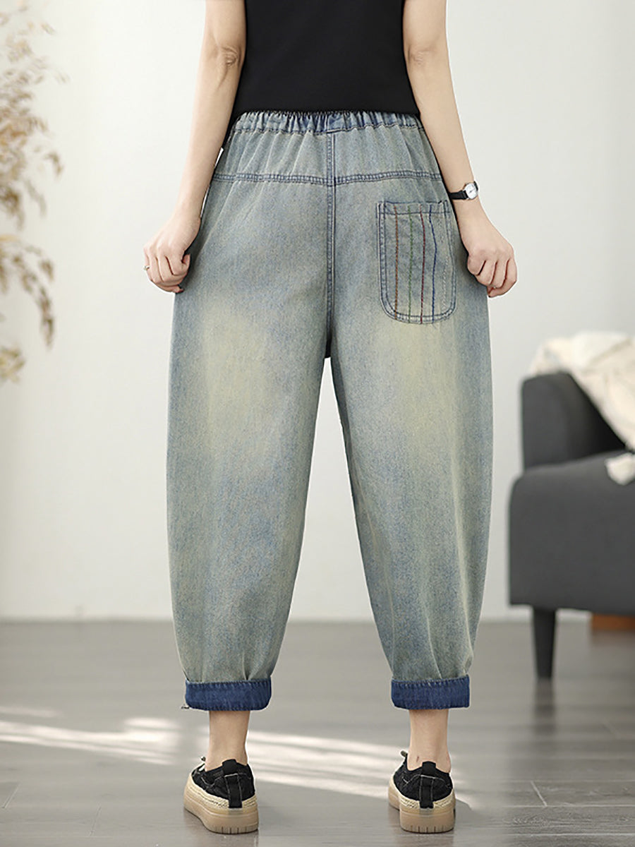 Pantalon sarouel rétro en denim effiloché pour femme