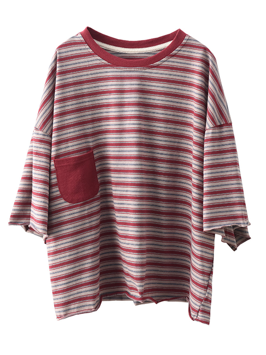 Women Casual Summer Stripe Spliced Loose Shirt AH836