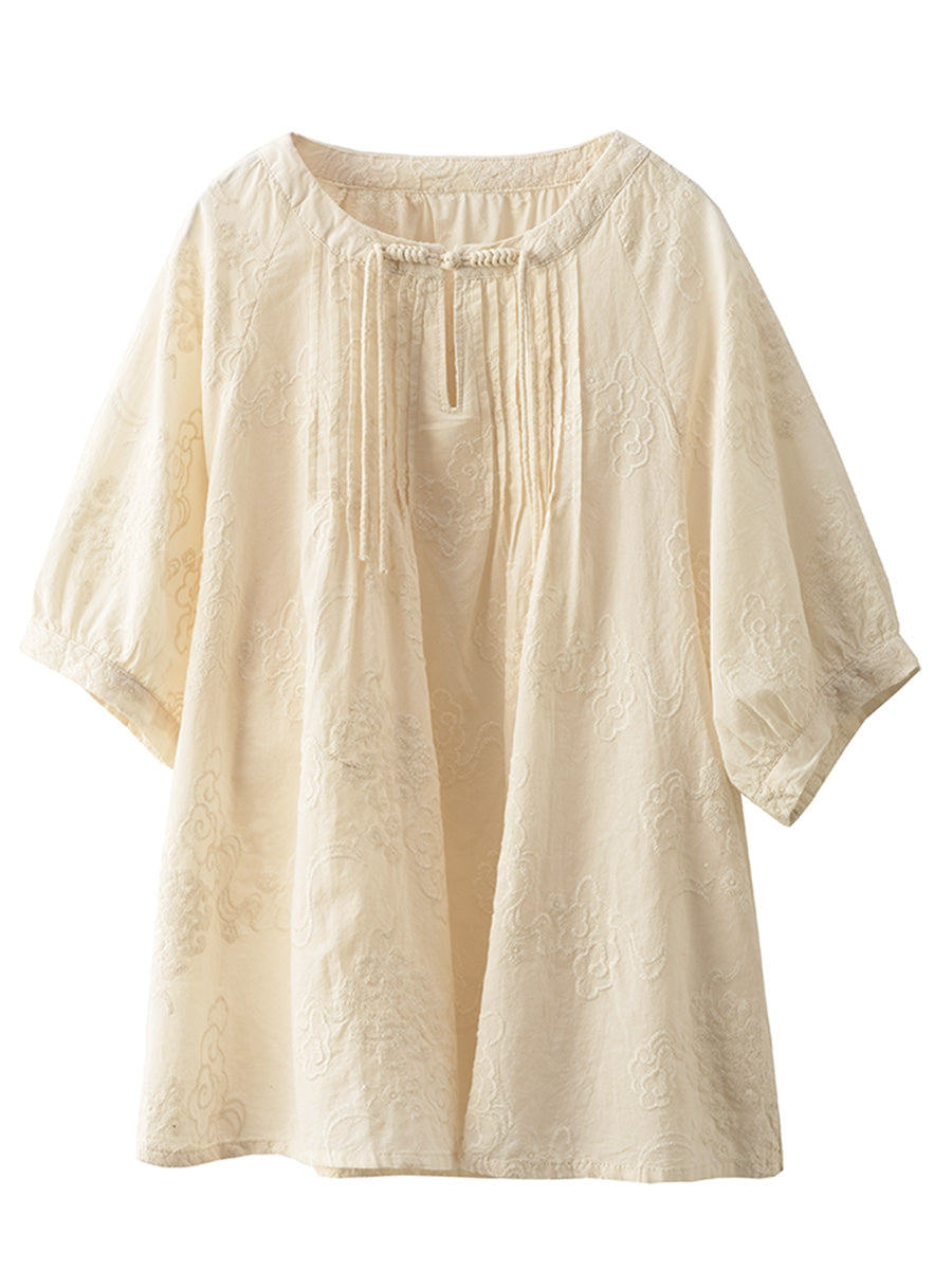Chemise ample en coton froncé à motif jacquard uni pour femme XX1018