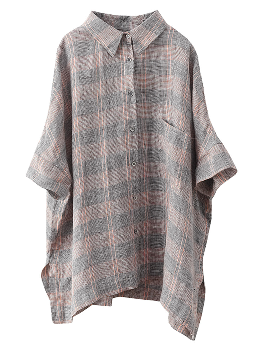 Damen Retro Sommer Karierte Leinen Bluse mit Knopfleiste CO1006