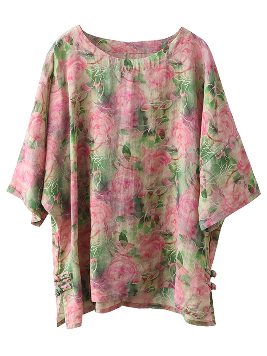 Damen Artsy Floral Sommer Ramie Pullover Shirt KL1016