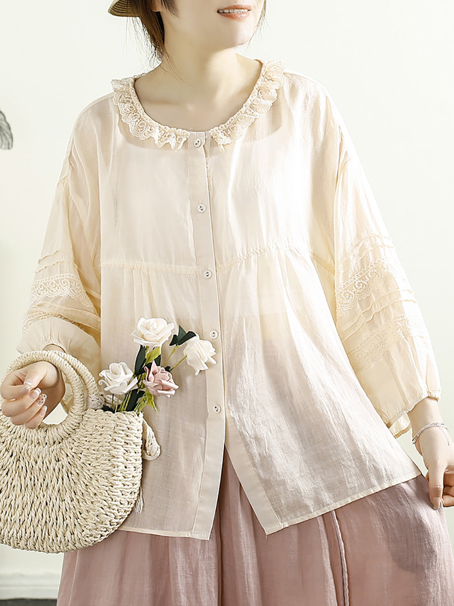 Damen Artsy Solid Lacework Button-up Ramie Shirt HH043