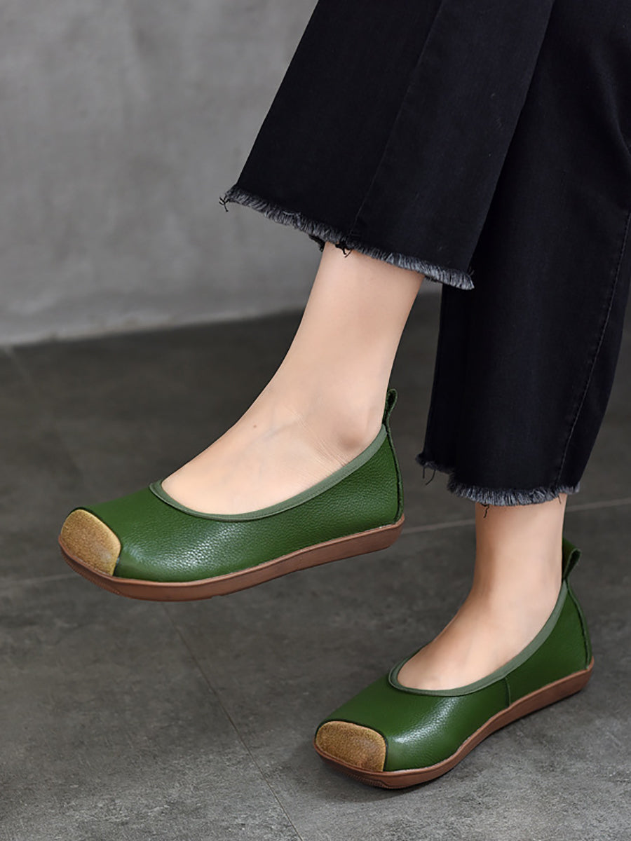 Women Summer Vintage Soft Leather Colorblock Flat Shoes RR1021