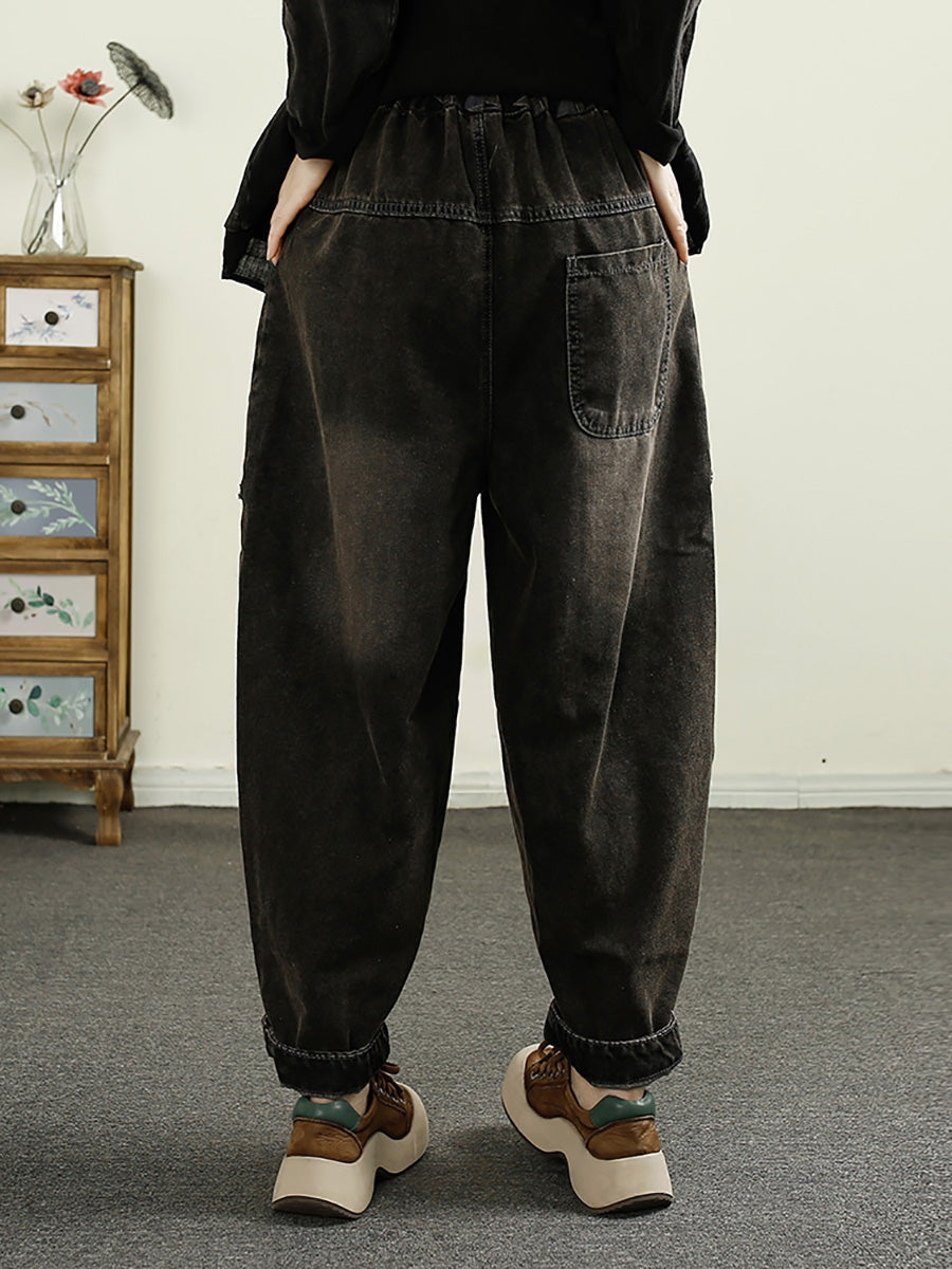 Pantalon sarouel en denim délavé épissé pour femme avec patch d'automne AI1052
