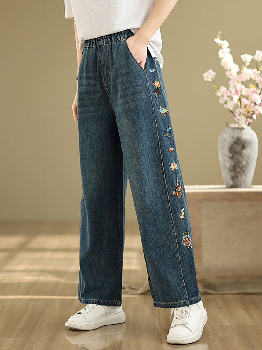 Pantalon brodé pour femme, jambe large, style rétro, en denim