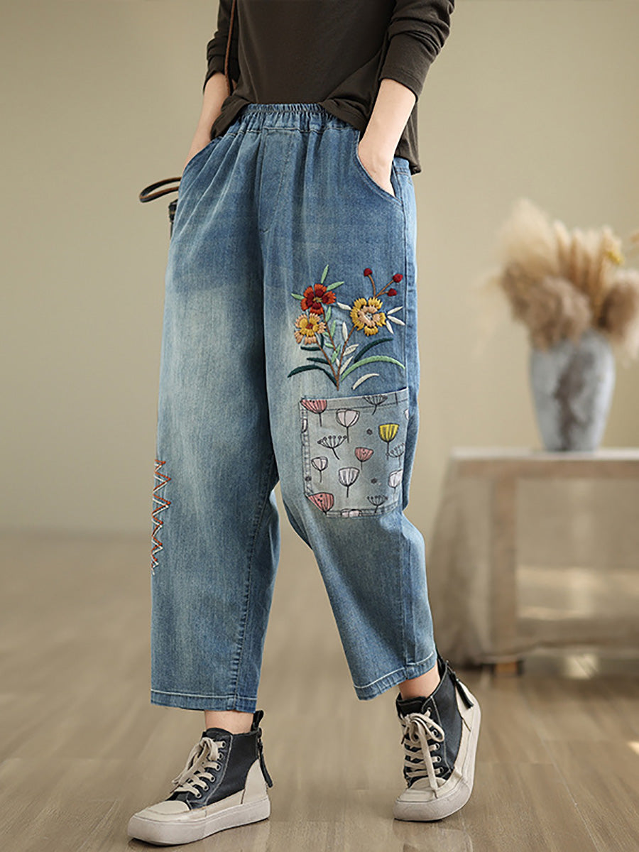 Pantalon sarouel en denim brodé de fleurs artistiques d'automne pour femmes AI1074