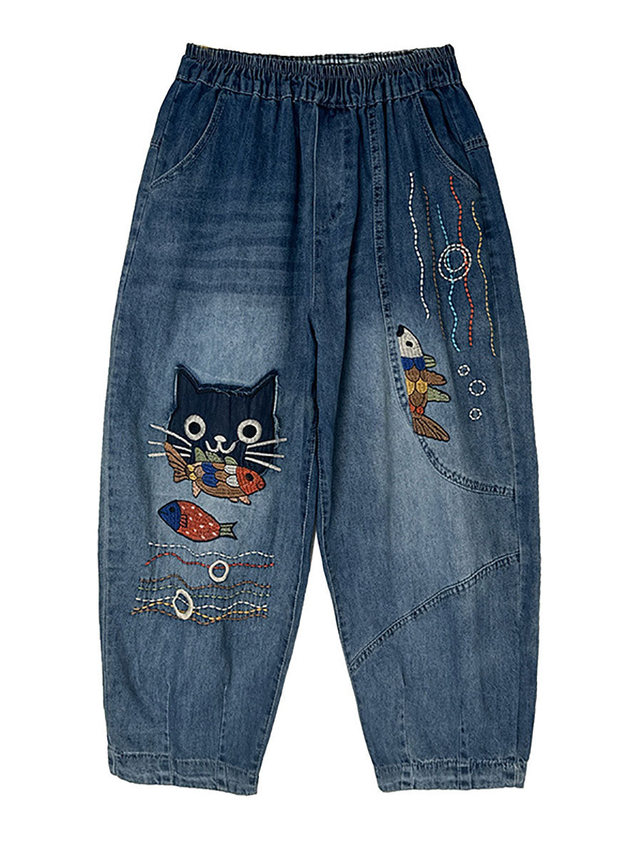 Pantalon sarouel en denim épissé avec patch de chat décontracté pour femme, automne AV1004