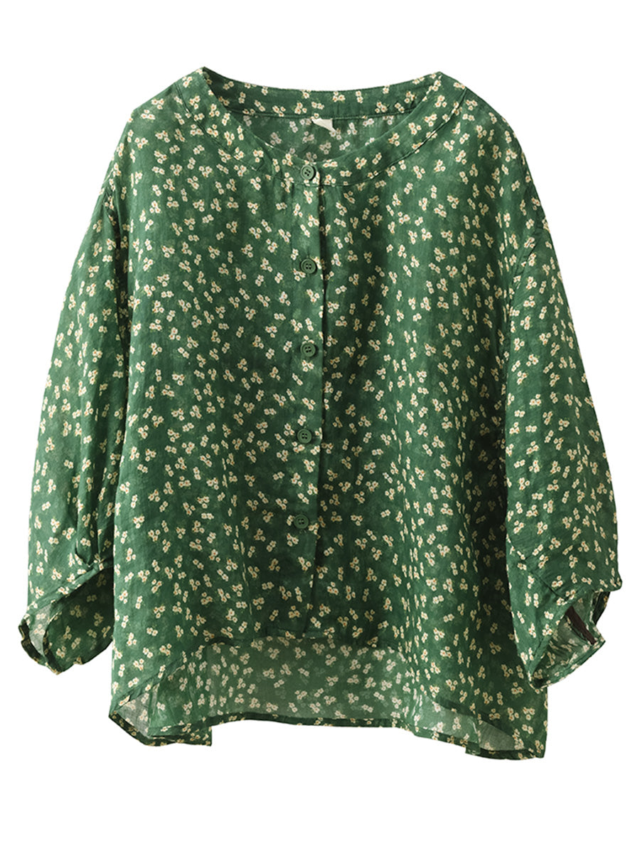 Damen Sommer Artsy Floral O-Ausschnitt Dünnes Hemd FD023