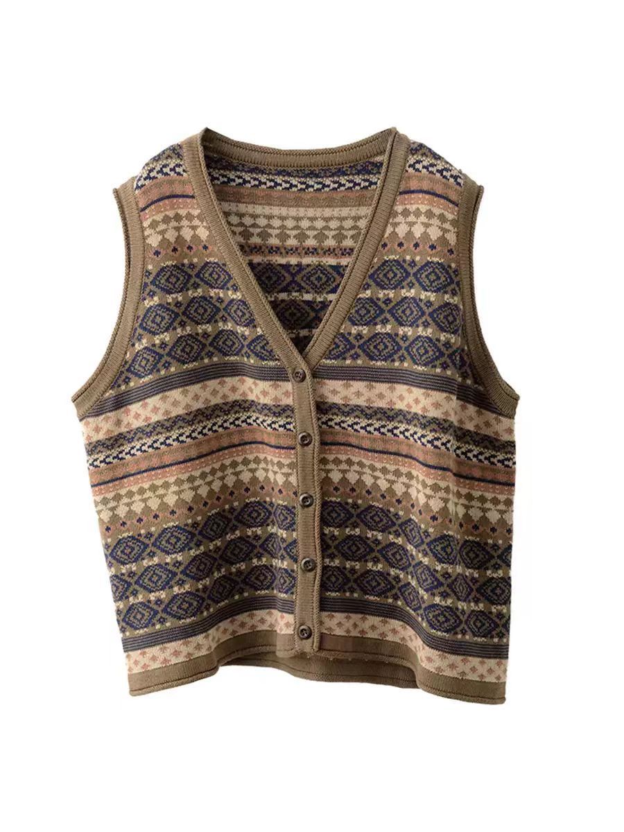 Gilet en coton à rayures ethniques et col en V pour femme BA1048