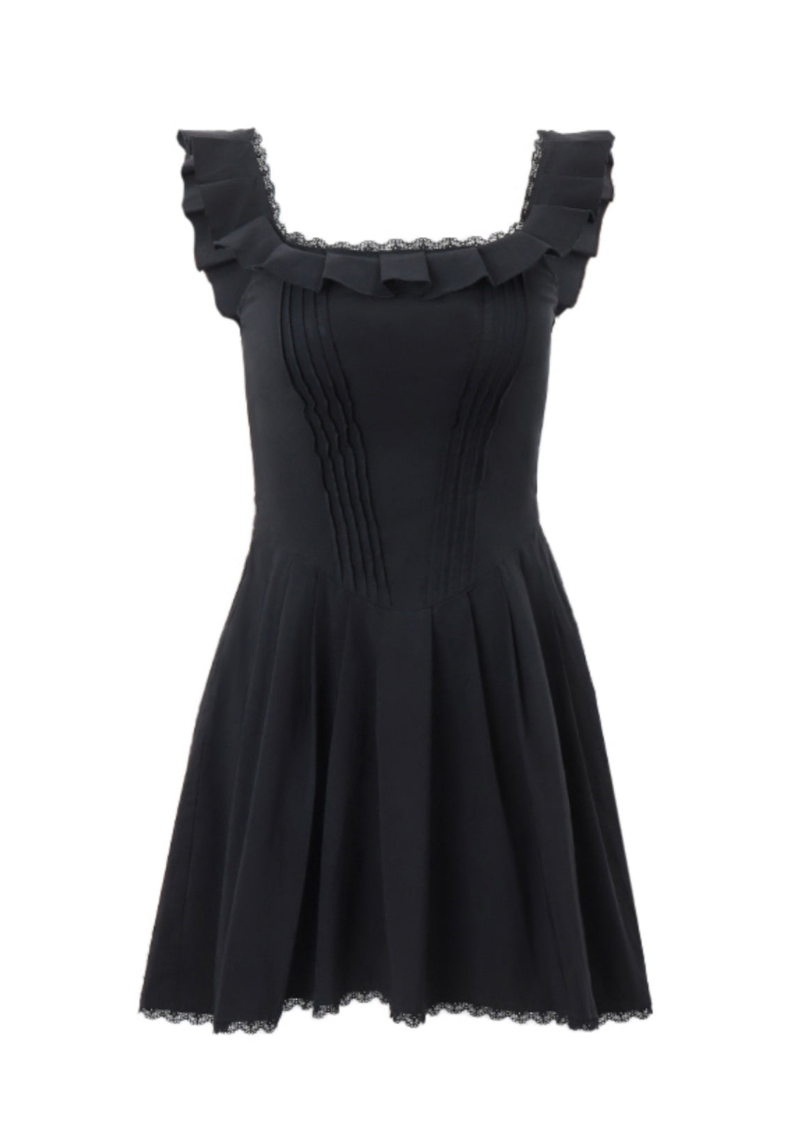 Schwarzes Spaghetti-Kleid im Sommerstil mit Rüschenträgern