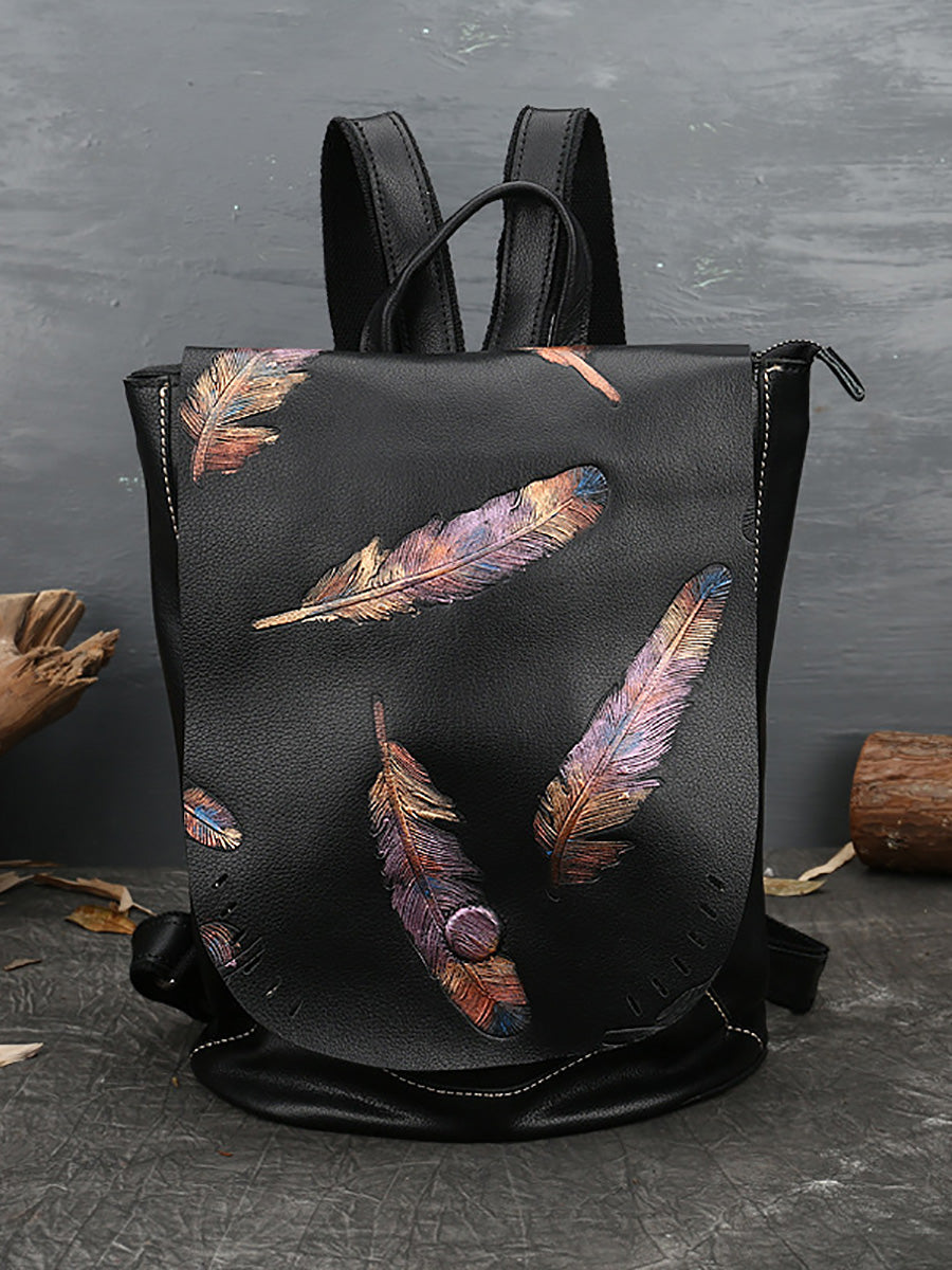 Women Vintage Leather Feather Embossing Backpack AH1089
