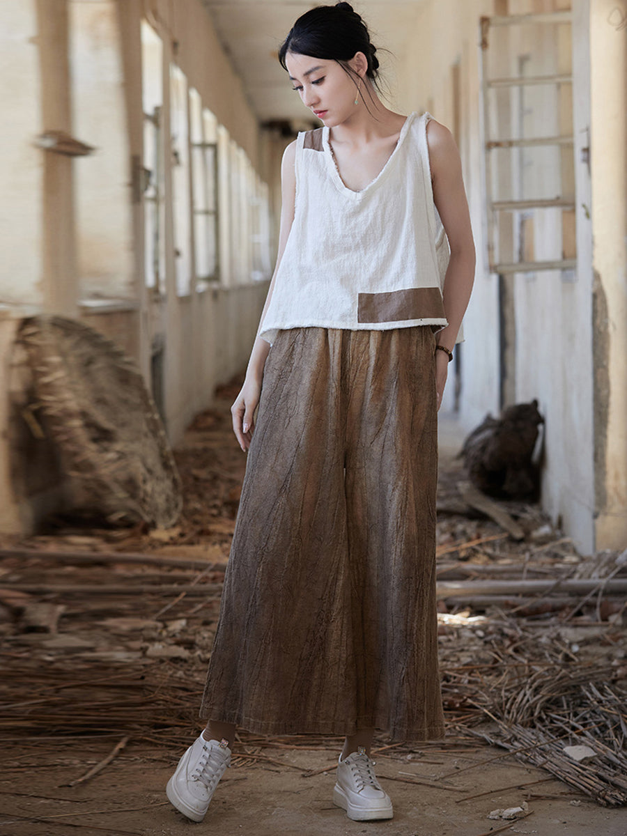 Damen Vintage Sommer Batik Ramie Hose mit weitem Bein IO1009