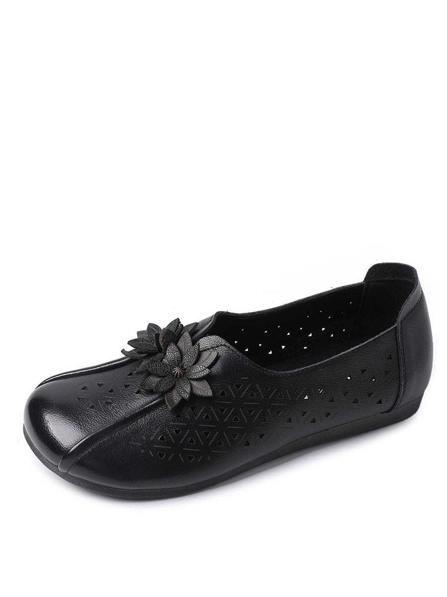 Damen Vintage Leder Flache Schuhe mit Blumen-Ausschnitt PA1026