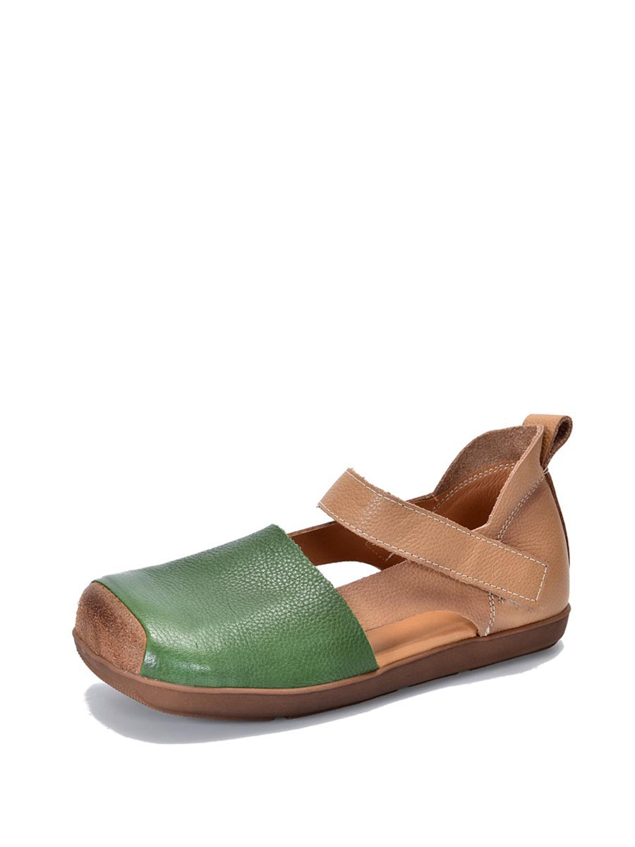 Women Vintage Summer Leather Colorblock Flat Shoes BN1003