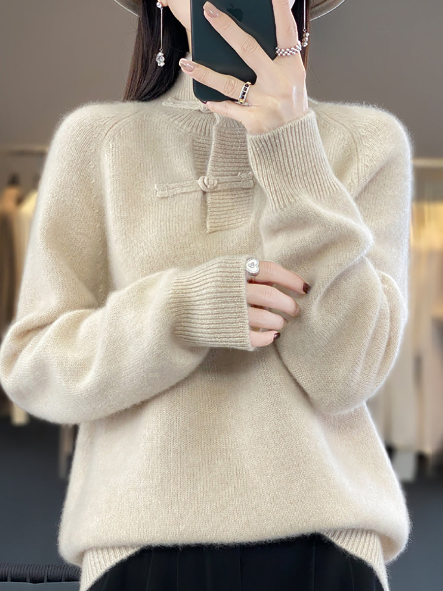 Pull à boucle 100 % laine à col roulé vintage pour femme, automne BA1040