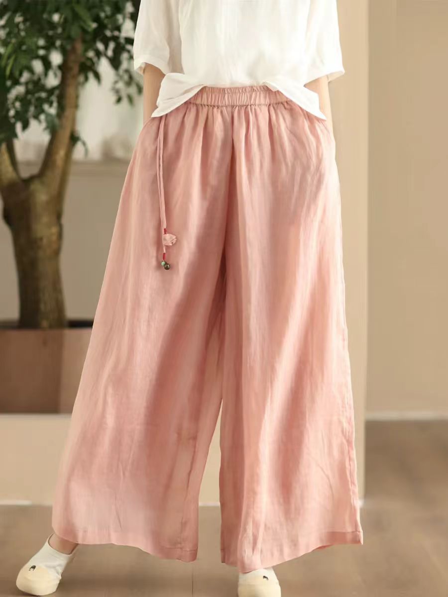 Pantalon d'été en ramie à jambe large et double épaisseur pour femme FD049
