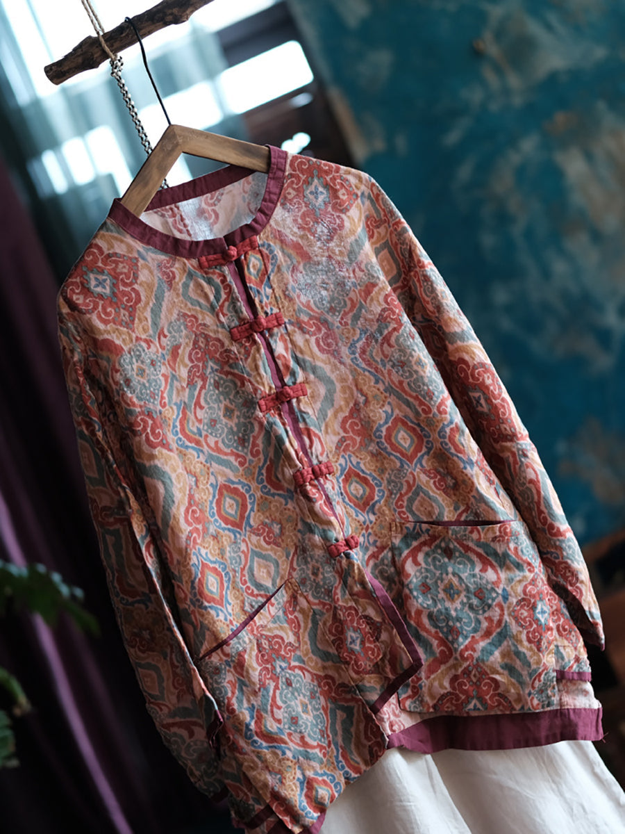 Women Vintage Spring Colorblock Flower Ramie Shirt Coat CO1031