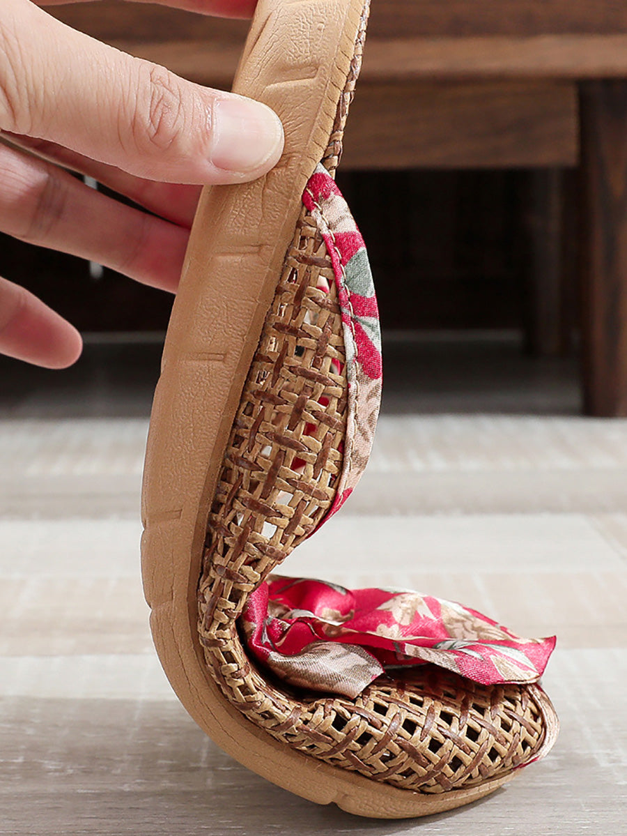 Bowknot Ethnic Weave Women Indoor Slippers Straw Flower