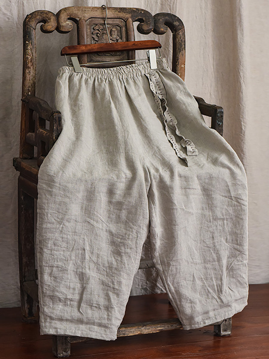 Damen Casual Solid Kordelzug Lose Leinen Rübenhose CX045