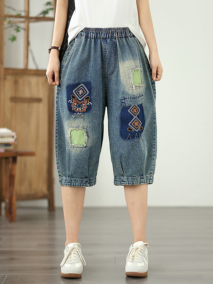 Pantalon en denim à fleurs rétro brodé pour femme, patchwork