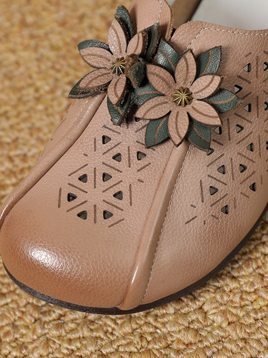 Damen Vintage Leder Flache Schuhe mit Blumen-Ausschnitt PA1026