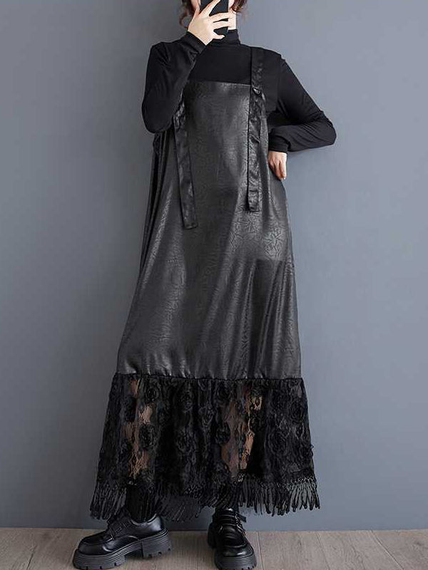 Elegantes schwarzes Hosenträgerkleid mit quadratischem Kragen und Jacquard-Patchwork-Spitze und gerüschtem Saum TW010