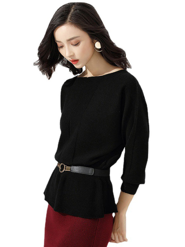 Elegante rote Tunika mit U-Boot-Ausschnitt, gerüschtem Saum und langen Ärmeln, Pullover AN1040