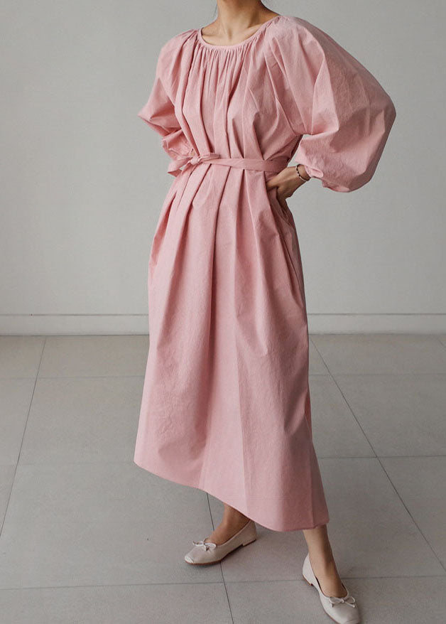 Kleid zerknittert O-Ausschnitt Rosa Maxi Viertel Drei Baumwolle Ärmel