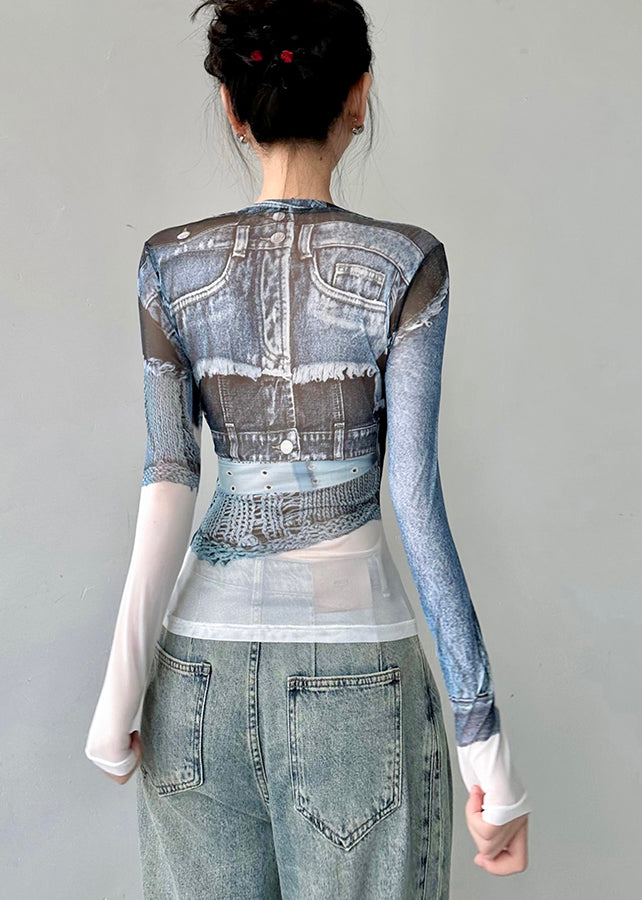 Original O-Ausschnitt Print Slim Fit Tüll T Shirts Herbst AN1018