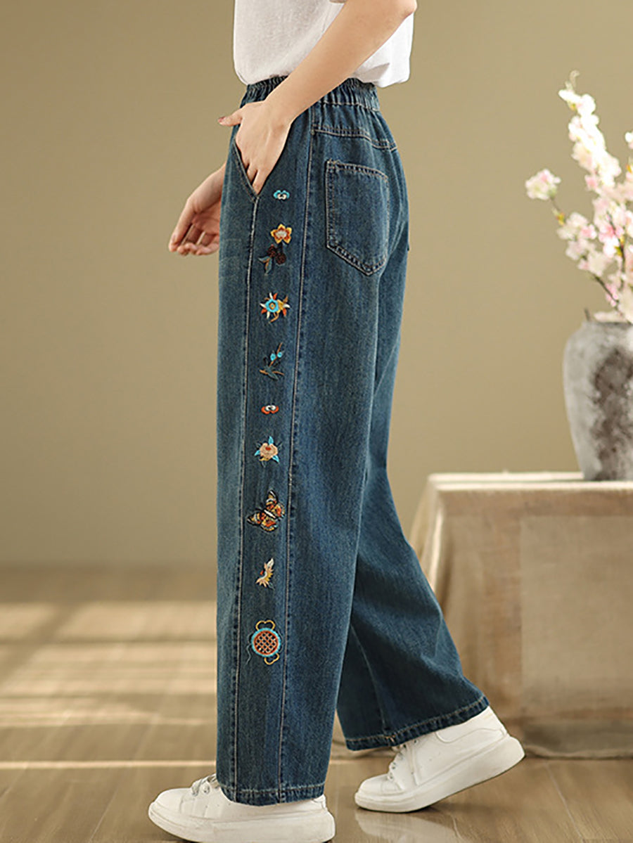 Pantalon brodé pour femme, jambe large, style rétro, en denim