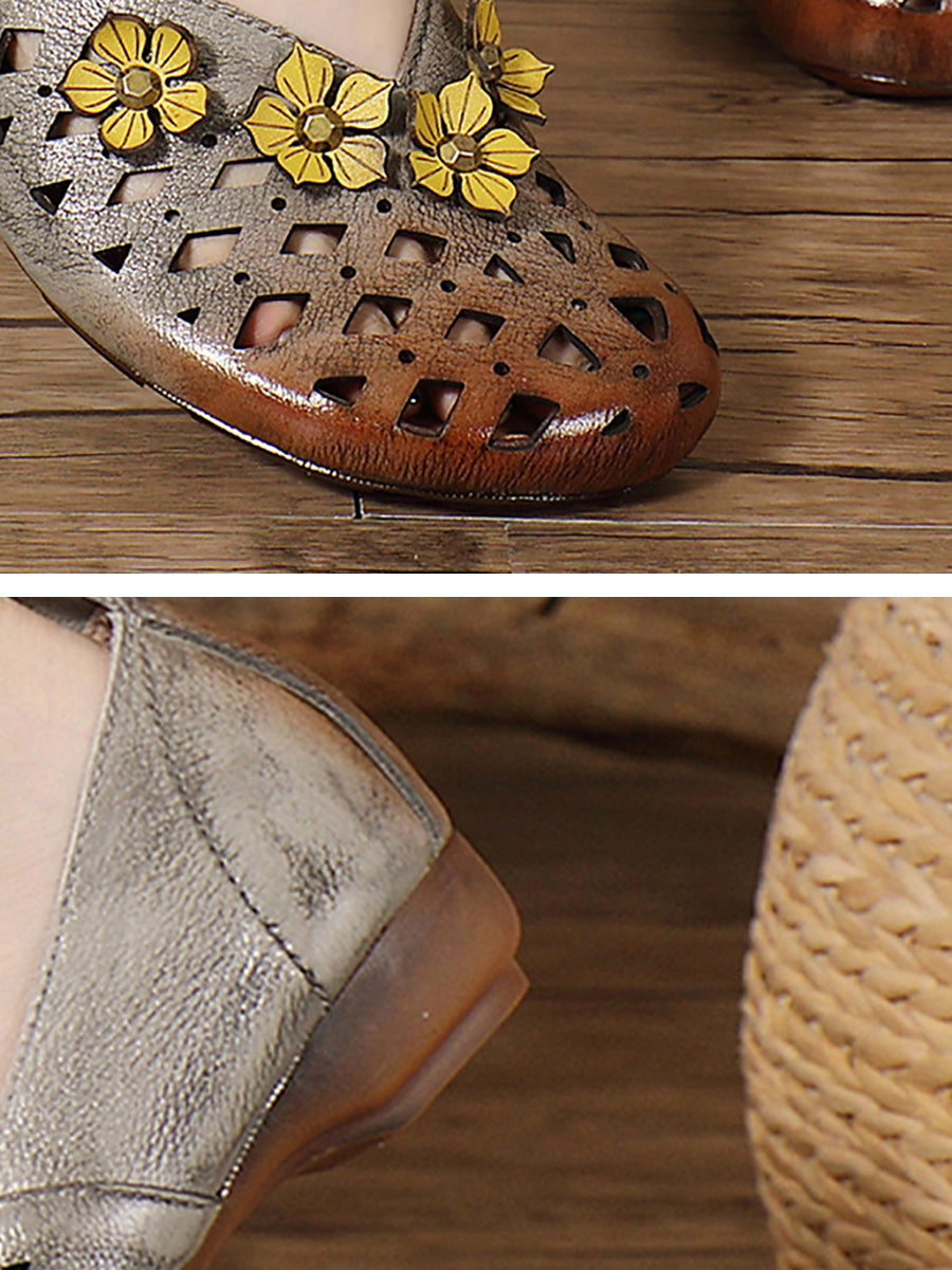 Chaussures basses creuses à talons fleuris en cuir pour femmes, style ethnique