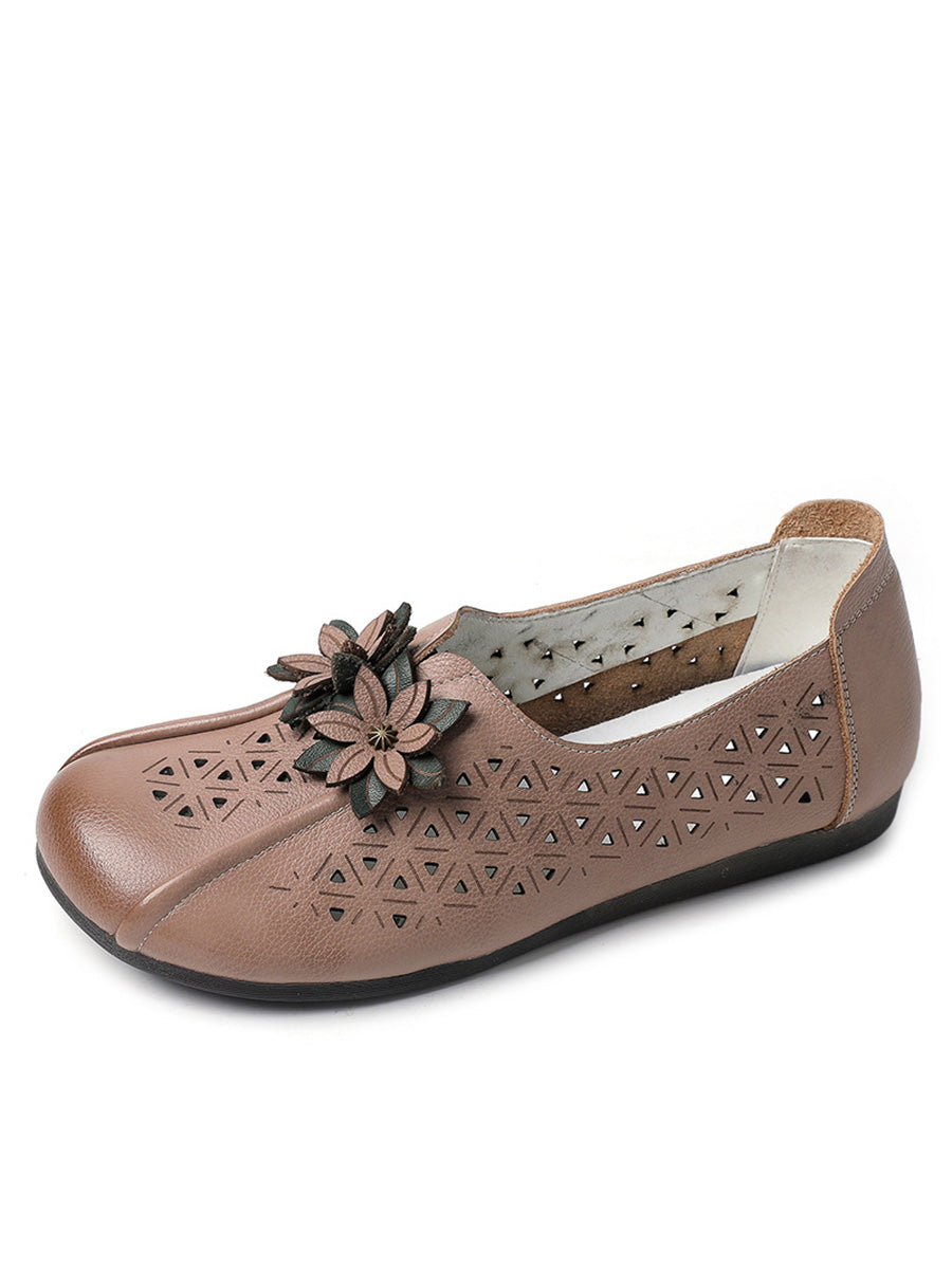 Damen Vintage Leder Flache Schuhe mit Blumen-Ausschnitt PA1026