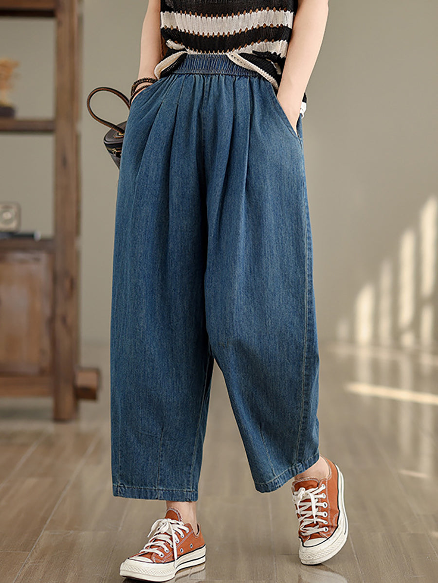 Pantalon sarouel ample en denim uni vintage pour femme OP1007
