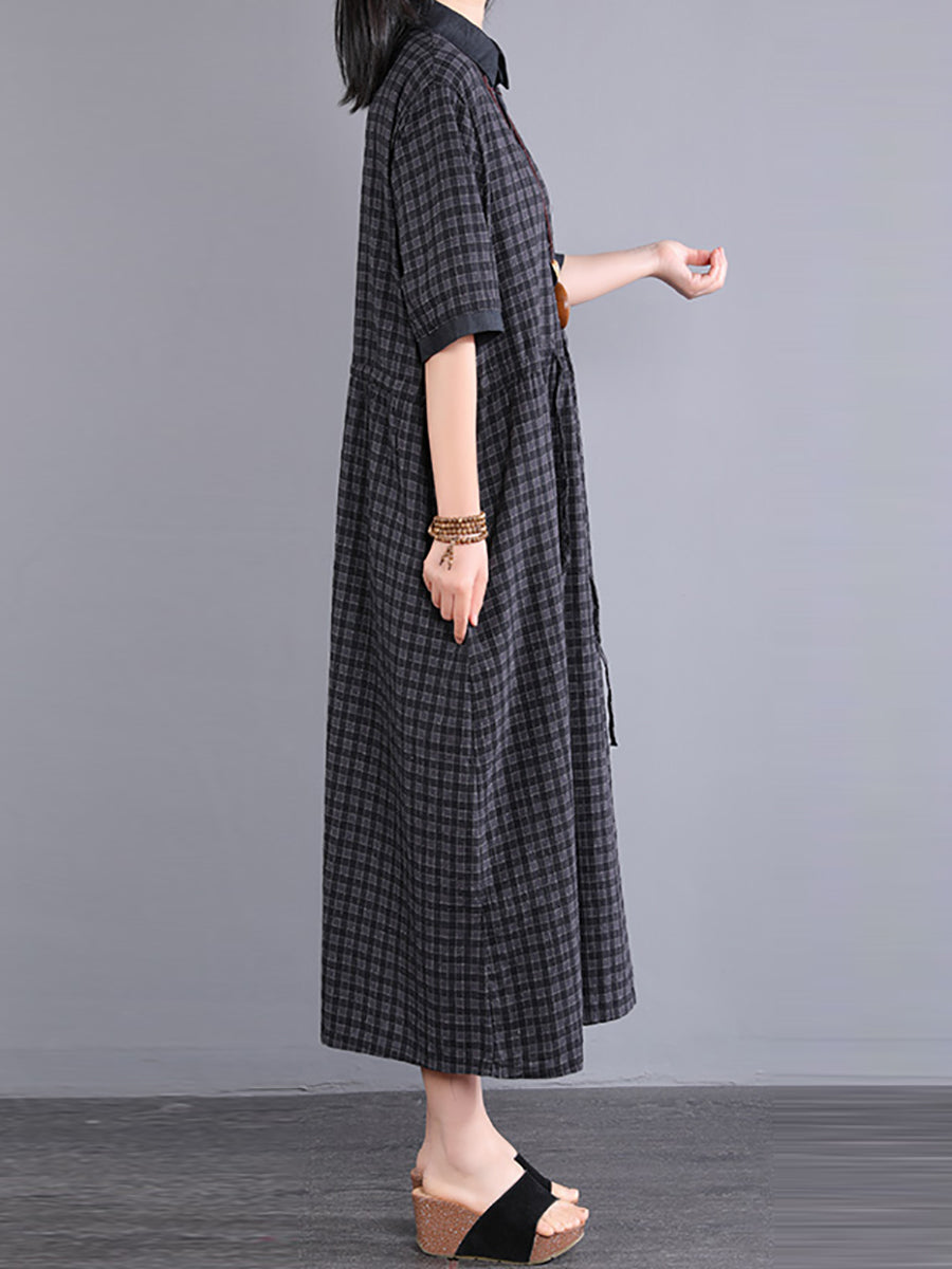 Übergröße Damen Artsy Plaid Baumwollleinenkleid KL1021