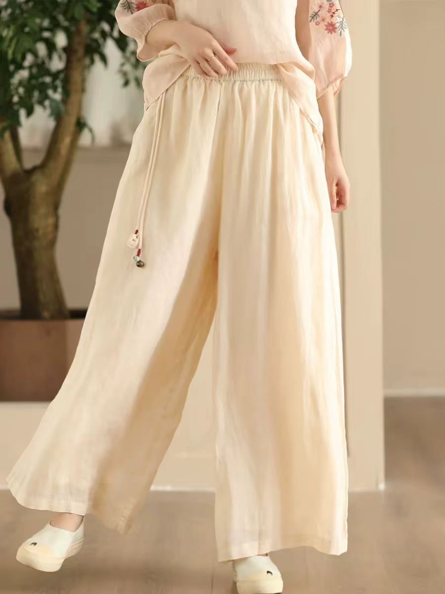 Pantalon d'été en ramie à jambe large et double épaisseur pour femme FD049